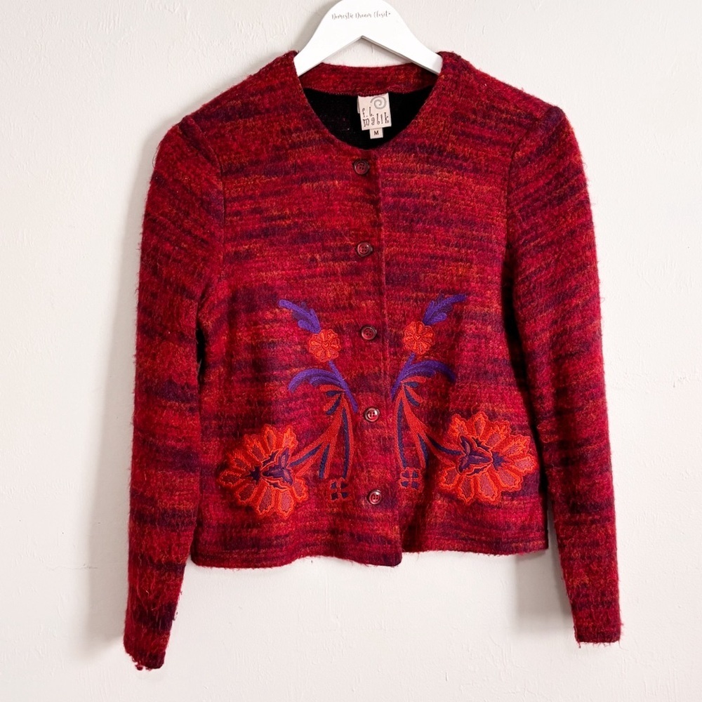 Vintage FL MALIK Women’s Maroon Wool Blend Embroidered Jacket Lagenlook Size M